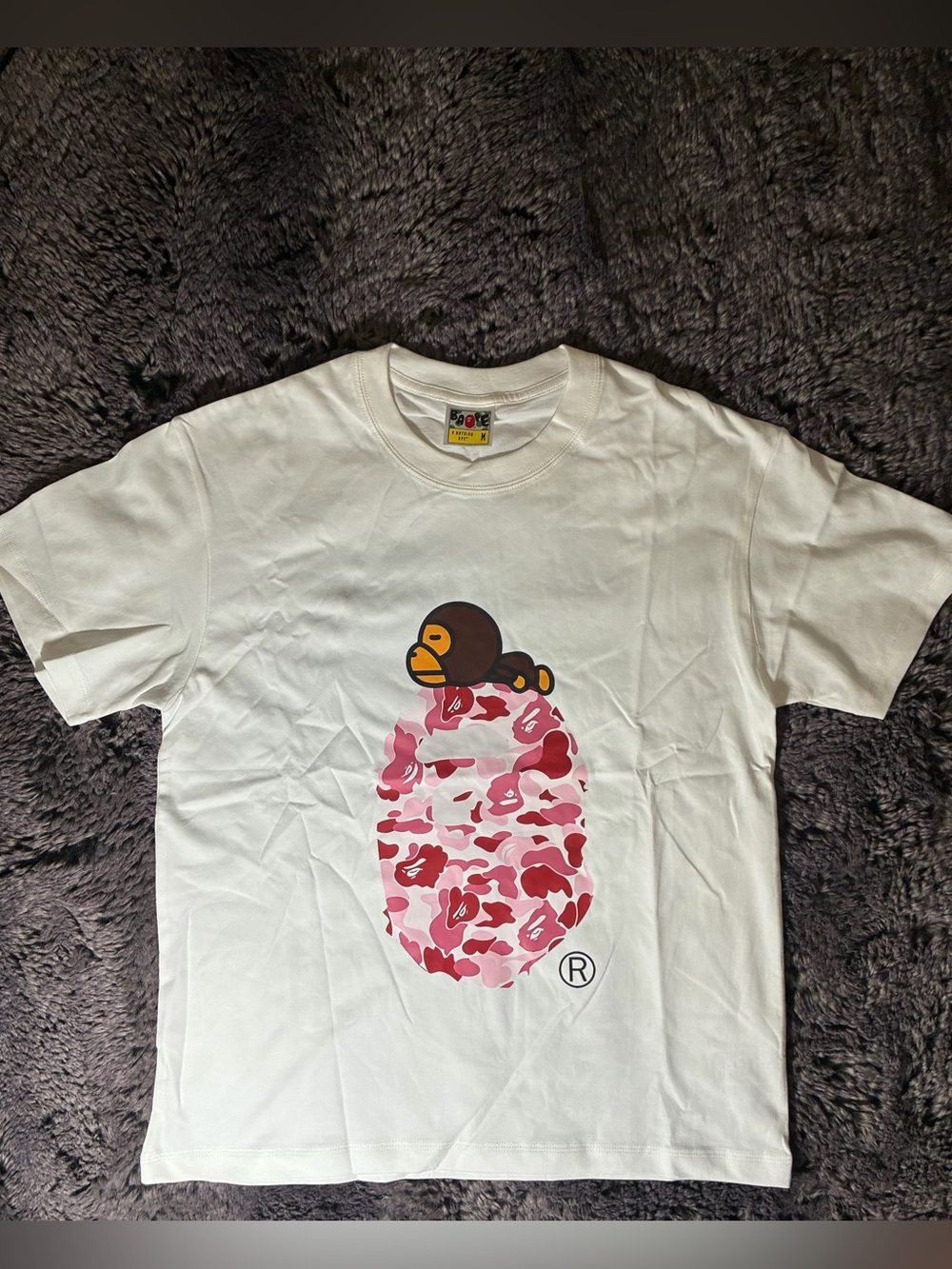 Bape White Tee with Pink Camo Ape Head and Baby Milo